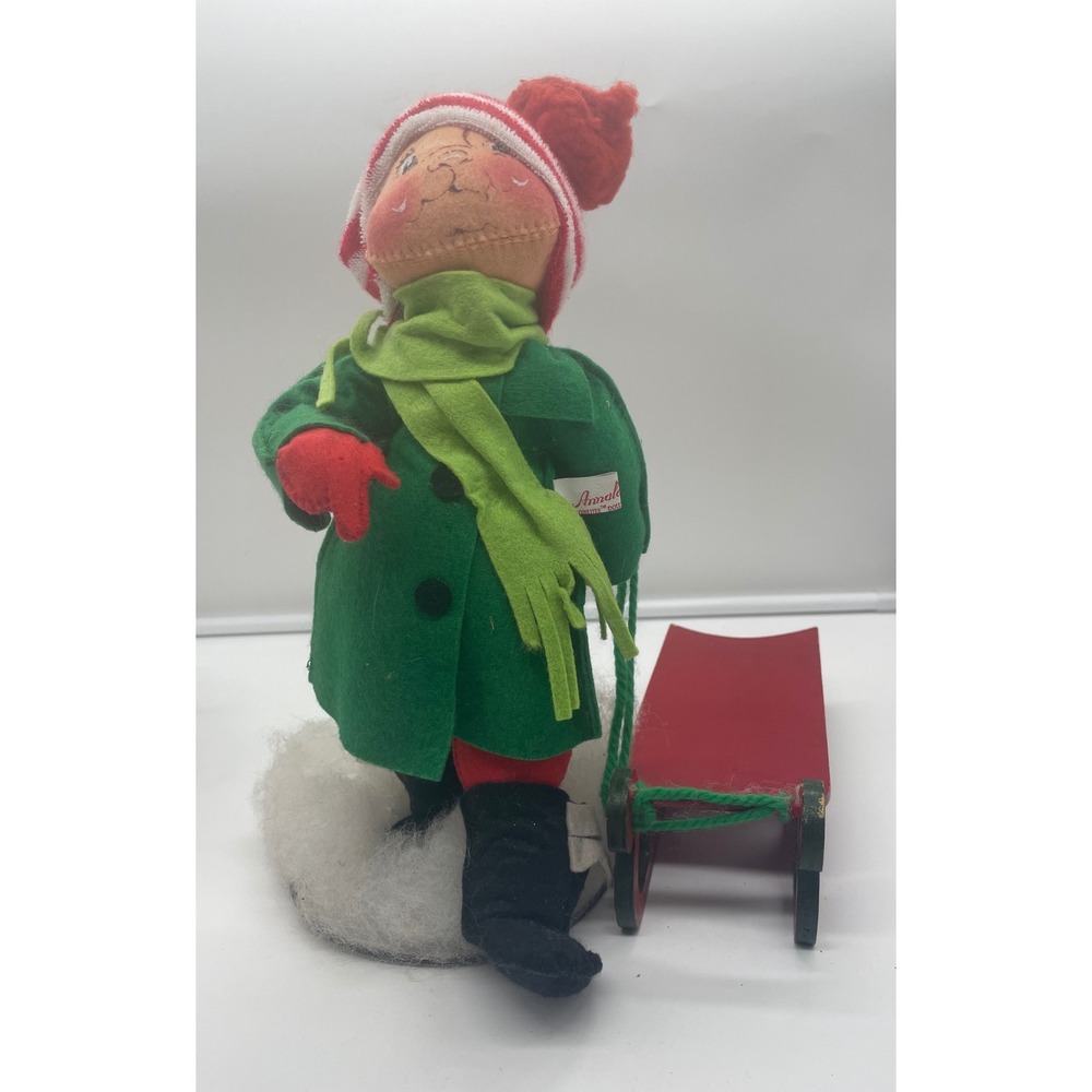Vintage Annalee Mobilitee Christmas Boy Doll with Sled 1984 Green Coat 12 Inch